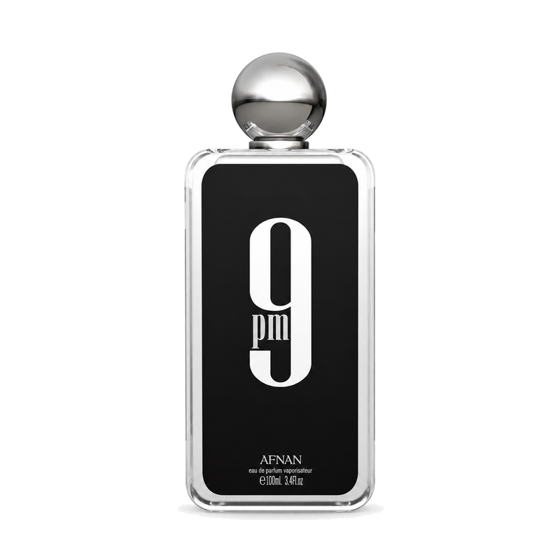Afnan 9 PM Eau de Parfum parfüümipudel valgel taustal