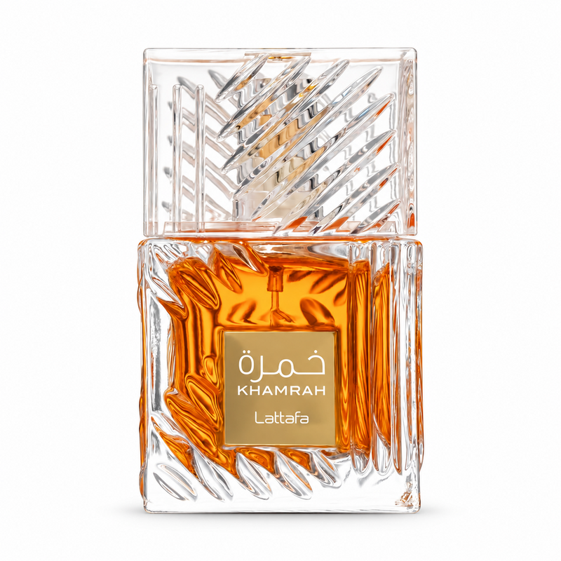 Lattafa Khamrah Eau de Parfum parfüümipudel valgel taustal