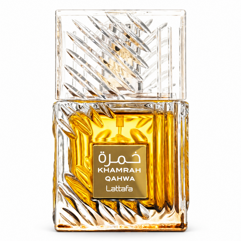 Lattafa Khamrah Qahwa Eau de Parfum parfüümipudel valgel taustal