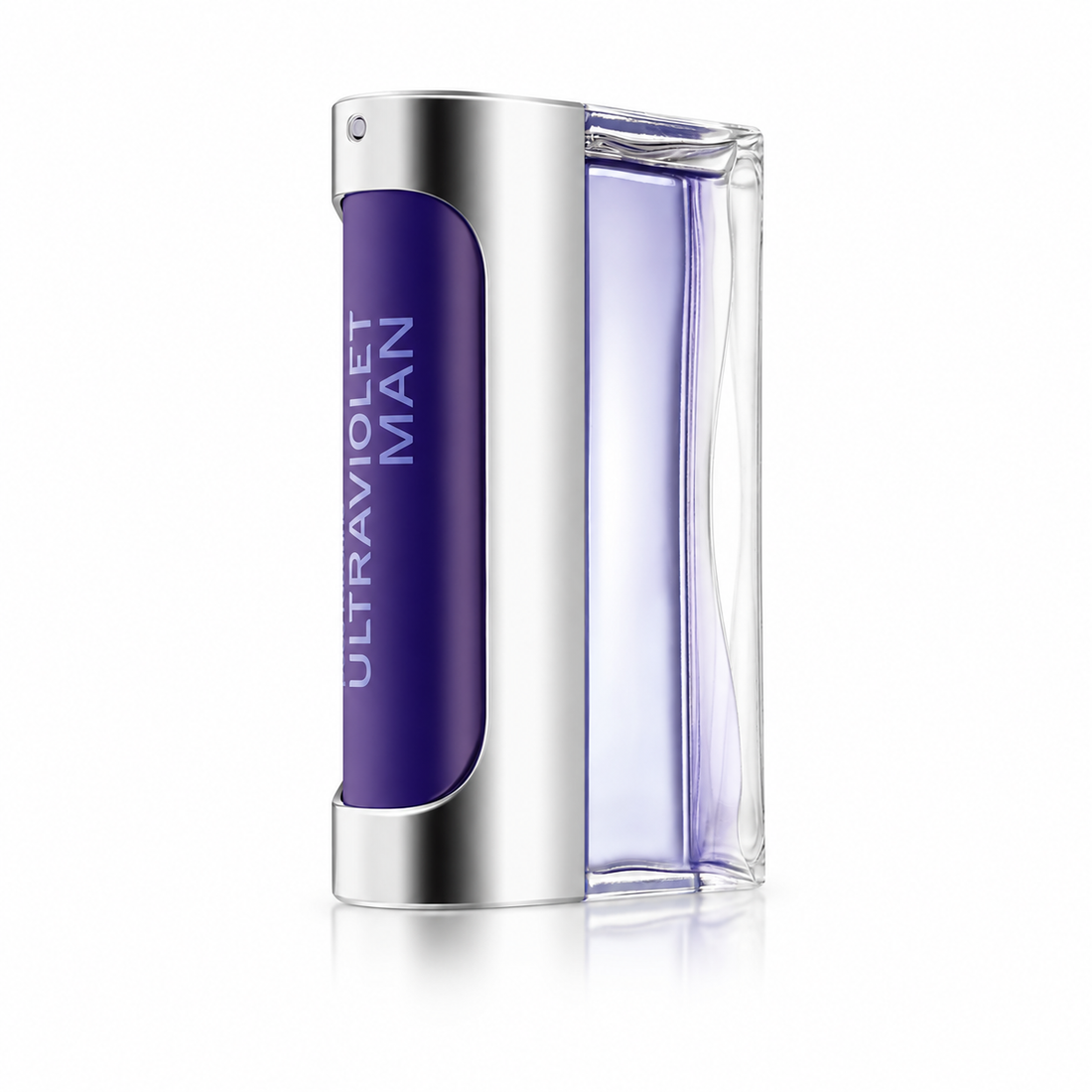 Rabanne Ultraviolet Man Eau de Toilette hõbedase ja lilla pudeli foto valgel taustal